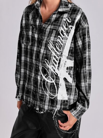 Autumn/Winter Y2K Street Casual Plaid Distressed Faded Graphic Gun Combination Print Loose Fit Women's T-Shirt