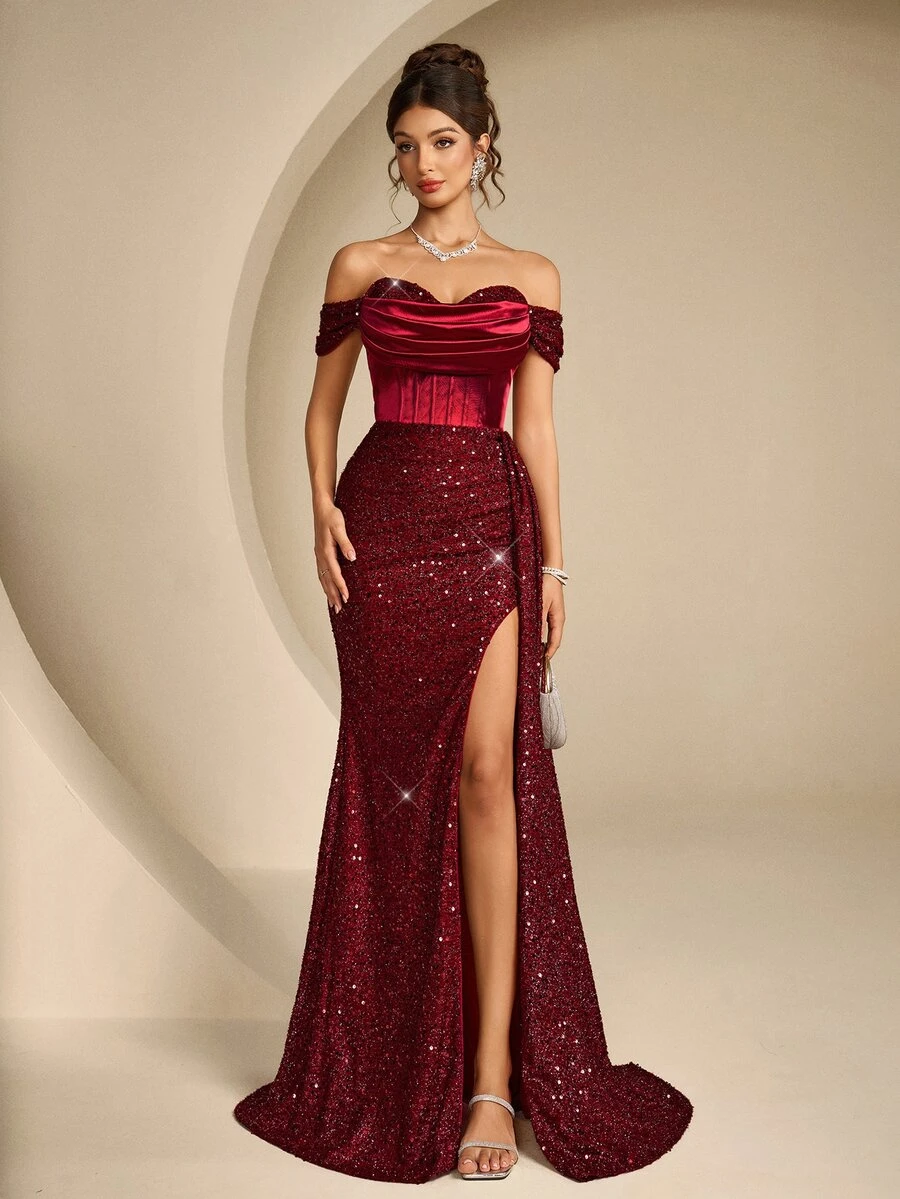 Coutiva Autumn/Winter Elegant Sequin Off-Shoulder Backless High Slit ...