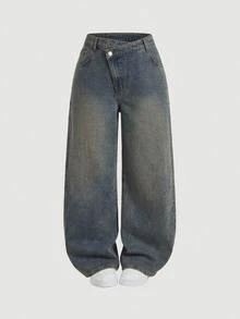 SHEIN CURVE+ Plus Size Women Asymmetric Waistband Pocket Wide Leg Casual Denim Jeans - Blue - View 6