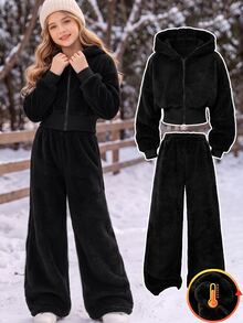 SHEIN 2件組女孩白色花卉灰色收腰刷毛抓絨運動衫與寬鬆長褲休閒運動套裝，秋冬款 - 黑色 - 查看 1