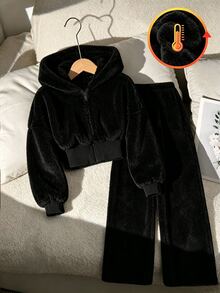 SHEIN 2件組女孩白色花卉灰色收腰刷毛抓絨運動衫與寬鬆長褲休閒運動套裝，秋冬款 - 黑色 - 查看 4