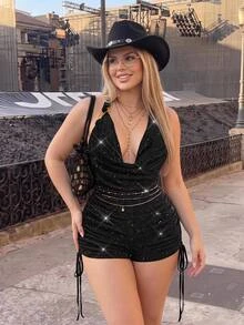 SHEIN ICON Plus Size Solid Color Draped Halter Metal Decor Backless Jumpsuit Rhinestone Romper Glitz And Glamour Outfit For Women Bling Club Outfits - Black - View 2