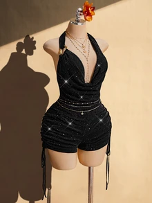SHEIN ICON Plus Size Solid Color Draped Halter Metal Decor Backless Jumpsuit Rhinestone Romper Glitz And Glamour Outfit For Women Bling Club Outfits - Black - View 6