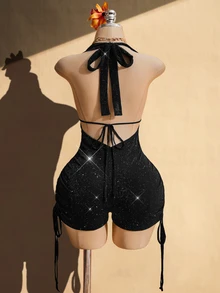 SHEIN ICON Plus Size Solid Color Draped Halter Metal Decor Backless Jumpsuit Rhinestone Romper Glitz And Glamour Outfit For Women Bling Club Outfits - Black - View 10