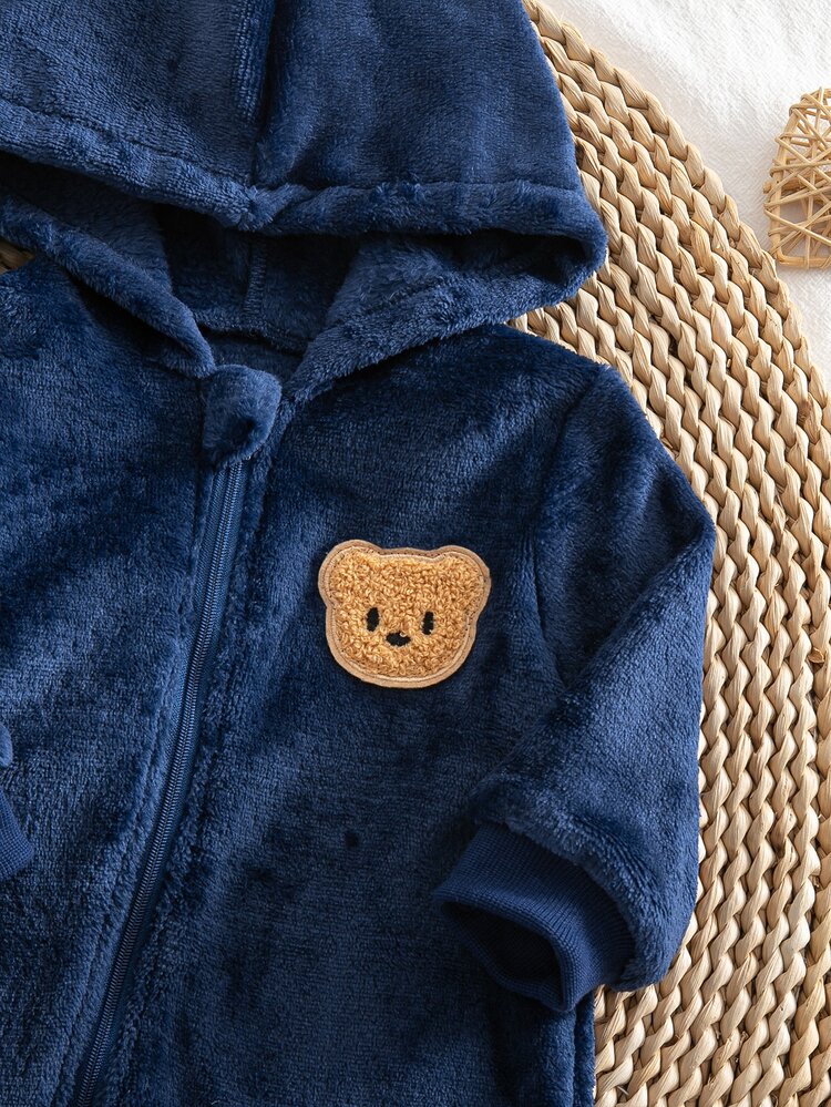 Autumn/Winter Plush Newborn Striped Print Solid Color Hooded Long Sleeve Zip-Up Footed Jumpsuit With Bear Embroidery, Double-Sided Flannel Fabric, Comfortable Soft Skin-Friendly 2 Pieces Set Pajamas Loungewear - Multicolor - View 5