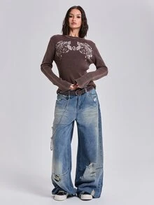 ROMWE Y2K Autumn Winter Spring Grunge Street Casual Colorblock Print Distressed Worn-Out Women's Slim Fit Long Sleeve Sweater - Mocha Brown - View 7