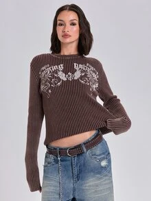 ROMWE Y2K Autumn Winter Spring Grunge Street Casual Colorblock Print Distressed Worn-Out Women's Slim Fit Long Sleeve Sweater - Mocha Brown - View 5