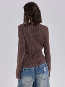 ROMWE Y2K Autumn Winter Spring Grunge Street Casual Colorblock Print Distressed Worn-Out Women's Slim Fit Long Sleeve Sweater - Mocha Brown - View 6