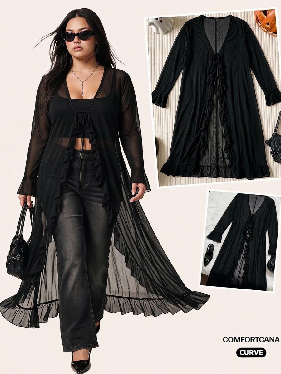 CovetEZ Plus Size Autumn Halloween Black Sheer Mesh Ruffle Hem Tie Waist Lightweight Long Coat - Black - View 1
