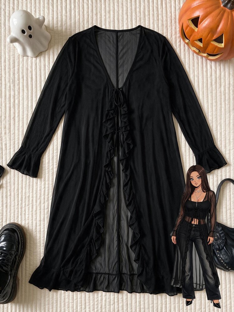 CovetEZ Plus Size Autumn Halloween Black Sheer Mesh Ruffle Hem Tie Waist Lightweight Long Coat - Black - View 4