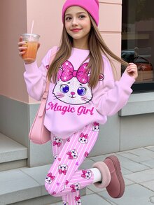Tween女孩可愛亮面紋理卡通小貓圖案，粉色蝴蝶結、粉色與白色條紋，圓領長袖衛衣與內搭褲2件套，適合秋冬，Kawaii舒適秋季與冬季風格，甜美奶油風，Kitty - 彩色 - 查看 2