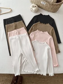 SHEIN Baby Girl Solid Color Long Sleeve T-Shirt And Pants Casual Set Pcs - Multicolor - View 2