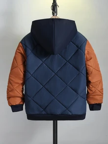 SHEIN 兒童青少年男孩休閒學院風拼接撞色連帽派克大衣，梭織，適合學校、花園、海灘、生日，秋季、春季、夏季、冬季，黑色、棕色 - 黑色 - 查看 3