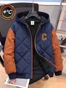 SHEIN 兒童青少年男孩休閒學院風拼接撞色連帽派克大衣，梭織，適合學校、花園、海灘、生日，秋季、春季、夏季、冬季，黑色、棕色 - 黑色 - 查看 2