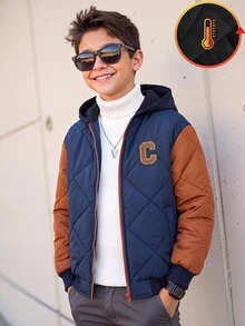 SHEIN 兒童青少年男孩休閒學院風拼接撞色連帽派克大衣，梭織，適合學校、花園、海灘、生日，秋季、春季、夏季、冬季，黑色、棕色 - 黑色 - 查看 5