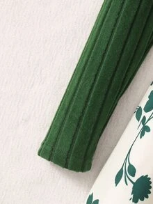 SHEIN 女童長袖拼接花卉洋裝，腰部附蝴蝶結，整體風格結合針織衫的柔軟感與甜美少女風 - 綠色 - 查看 8
