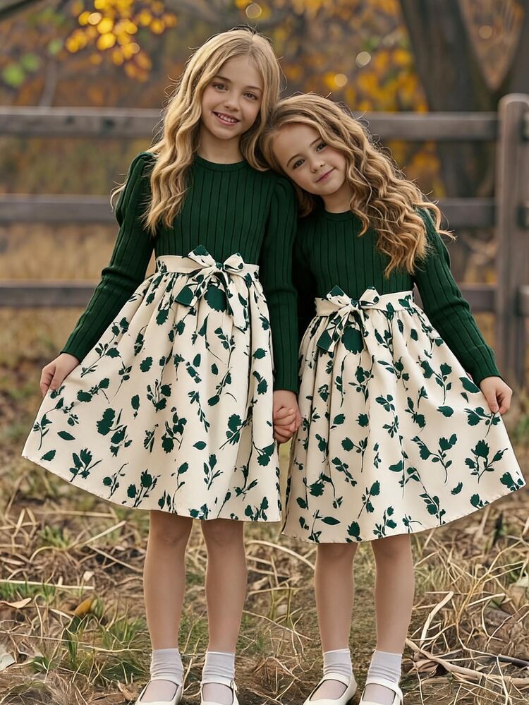 SHEIN Girls' Long-Sleeved Patchwork Floral Dress With A Bow At The Waist. The Overall Style Combines The Softness Of Knitwear With A Sweet, Girly Look. - Green - View 3