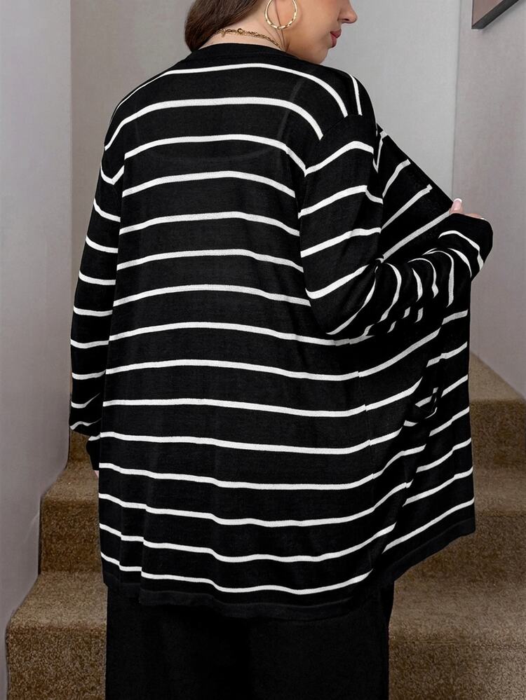 SHEIN LUNE Plus Size Women's Solid Color Autumn Black And White Sweater Cardigan With Pockets Holiday Outfit Office Formal Club Dates Tidur Bohemian Casual Soft - Black and White - View 9