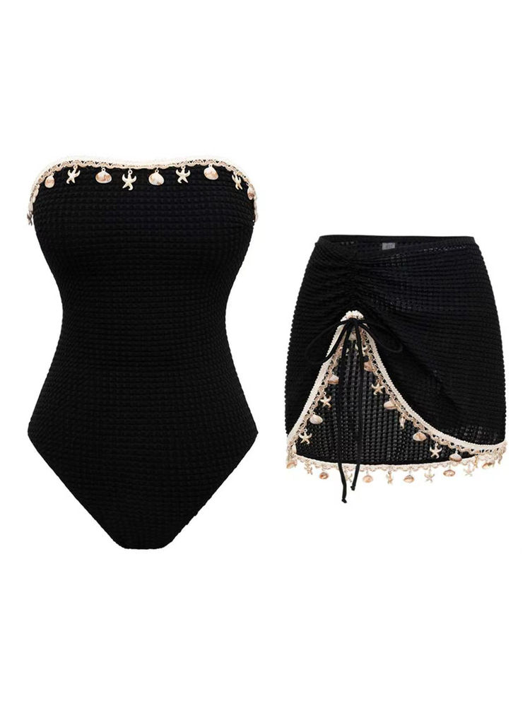 SHEIN Swim Summer Beach Women's Shell And Starfish Decor Trim One-Piece Swimsuit - Black - View 3