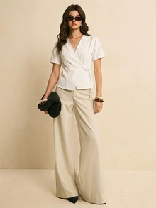 Poéselle Women's Solid Color Casual Short Sleeve Denim Blouse Going Out Tops - White - View 4