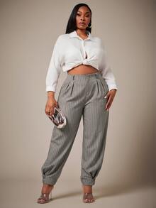Radiana Curve Plus Size Women's Striped High Waist Pleated Cuffed Pants With Pockets - Khaki - View 8