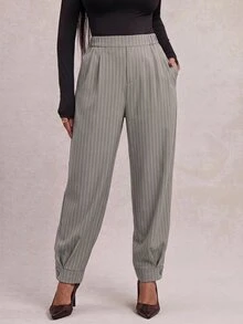 Radiana Curve Plus Size Women's Striped High Waist Pleated Cuffed Pants With Pockets - Khaki - View 10
