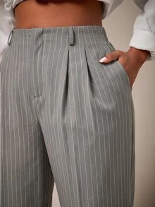 Radiana Curve Plus Size Women's Striped High Waist Pleated Cuffed Pants With Pockets - Khaki - View 6