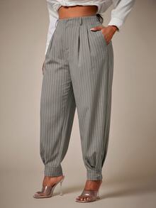 Radiana Curve Plus Size Women's Striped High Waist Pleated Cuffed Pants With Pockets - Khaki - View 4