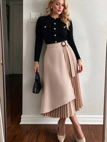 Modelyn 大码女式不对称褶皱拼接半身裙，优雅通勤 - 卡其色 - 查看 3
