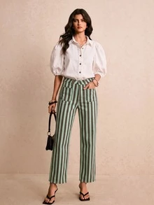 Poéselle Women's Fashion Versatile Button Pocket Striped Denim Jeans - Multicolor - View 5
