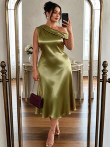 Cravure Plus Size Elegant Minimalist A-Line Asymmetrical Shoulder Satin Slimming Mid-Length Cocktail Party Date Evening Dress - Green - View 2