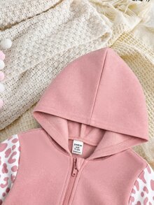 SHEIN 女嬰針織純色連帽雙口袋拼接豹紋長袖休閒連身褲，粉色豹紋，秋季穿搭 - 粉色 - 查看 5