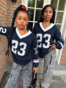 SHEIN Tween Girl Casual Comfortable Numeric Pattern V-Neck Loose Knit Sweater, Autumn/Winter Sweater, Numeric Pattern Sweater, Collegiate Style Mommy And Me Matching - Blue - View 8