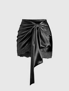 Sweetra Y2K Sexy Asymmetrical Hem Lace Trim Skirt, Suitable For Vacation And Commute - Black - View 3