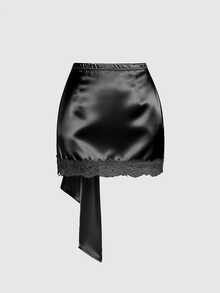 Sweetra Y2K Sexy Asymmetrical Hem Lace Trim Skirt, Suitable For Vacation And Commute - Black - View 2