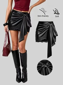 Sweetra Y2K Sexy Asymmetrical Hem Lace Trim Skirt, Suitable For Vacation And Commute - Black - View 8