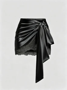 Sweetra Y2K Sexy Asymmetrical Hem Lace Trim Skirt, Suitable For Vacation And Commute - Black - View 1