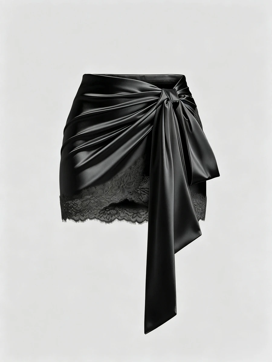 Sweetra Y2K Sexy Asymmetrical Hem Lace Trim Skirt, Suitable For Vacation And Commute - Black - View 1