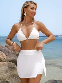 SHEIN Swim Women Beach Solid Color Elegant Casual Side Slit Design Boardshorts White Summer - White - View 1