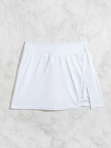 SHEIN Swim Women Beach Solid Color Elegant Casual Side Slit Design Boardshorts White Summer - White - View 5