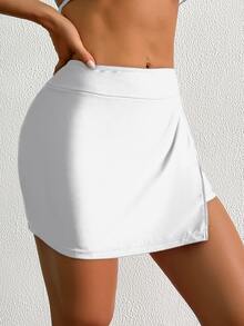 SHEIN Swim Women Beach Solid Color Elegant Casual Side Slit Design Boardshorts White Summer - White - View 4