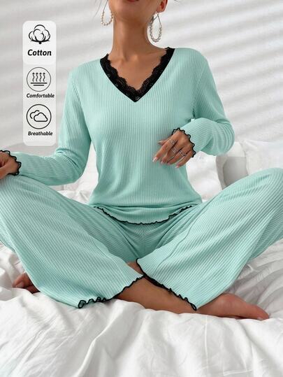 SHEIN Cottnline طقم بيجامة من قطعتين من القطن المضلع باللون الأخضر النعناعي، تي شيرت نوم بأكمام طويلة مع دانتيل متباين + بنطال طويل، كاجوال أنيق للاسترخاء، خريف