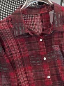 INAWLY Plus Size Plaid Casual Long Sleeve Shirt Fall Cloth For Women - Red - View 4