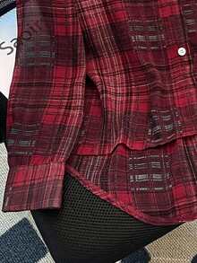 INAWLY Plus Size Plaid Casual Long Sleeve Shirt Fall Cloth For Women - Red - View 3