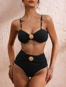 SHEIN Swim 2 Pieces Women's Elegant Vacation Metallic Shell Beaded Strap High Waist Tummy Control Brown Bikini Set, Spring/Summer 2025 - Black - View 4