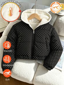 SHEIN 青少年女孩加厚外套，黑色波點，休閒可愛日系風格，秋冬款，抓絨內裡，連帽，拉鍊，純色，適合上學與外出 - 黑色 - 查看 6