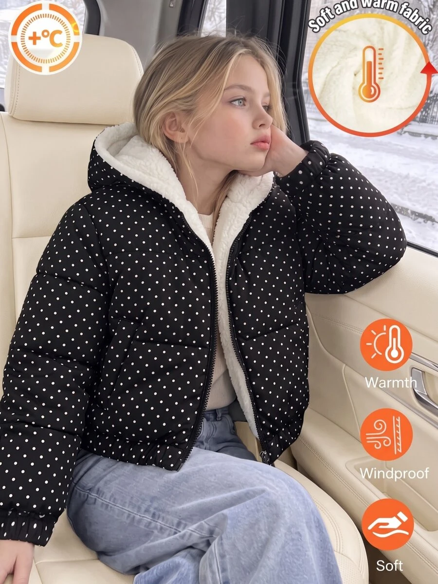 SHEIN 青少年女孩加厚外套，黑色波點，休閒可愛日系風格，秋冬款，抓絨內裡，連帽，拉鍊，純色，適合上學與外出 - 黑色 - 查看 1