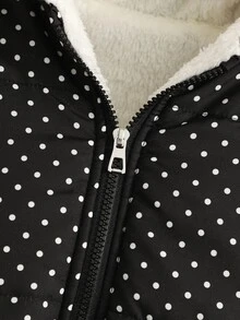 SHEIN 青少年女孩加厚外套，黑色波點，休閒可愛日系風格，秋冬款，抓絨內裡，連帽，拉鍊，純色，適合上學與外出 - 黑色 - 查看 7