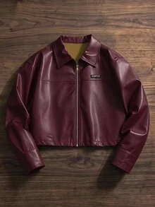 EASEVO Men's Plus Size Loose Black Leather Long Sleeve Jacket - Red - View 2