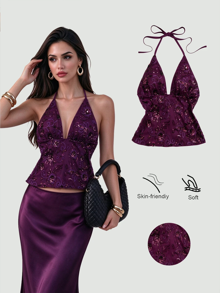 Sweetra Sexy Backless V-Neck Sequin Design Tank Top, Fashionable And Versatile For Parties And Gatherings - Purple - View 1